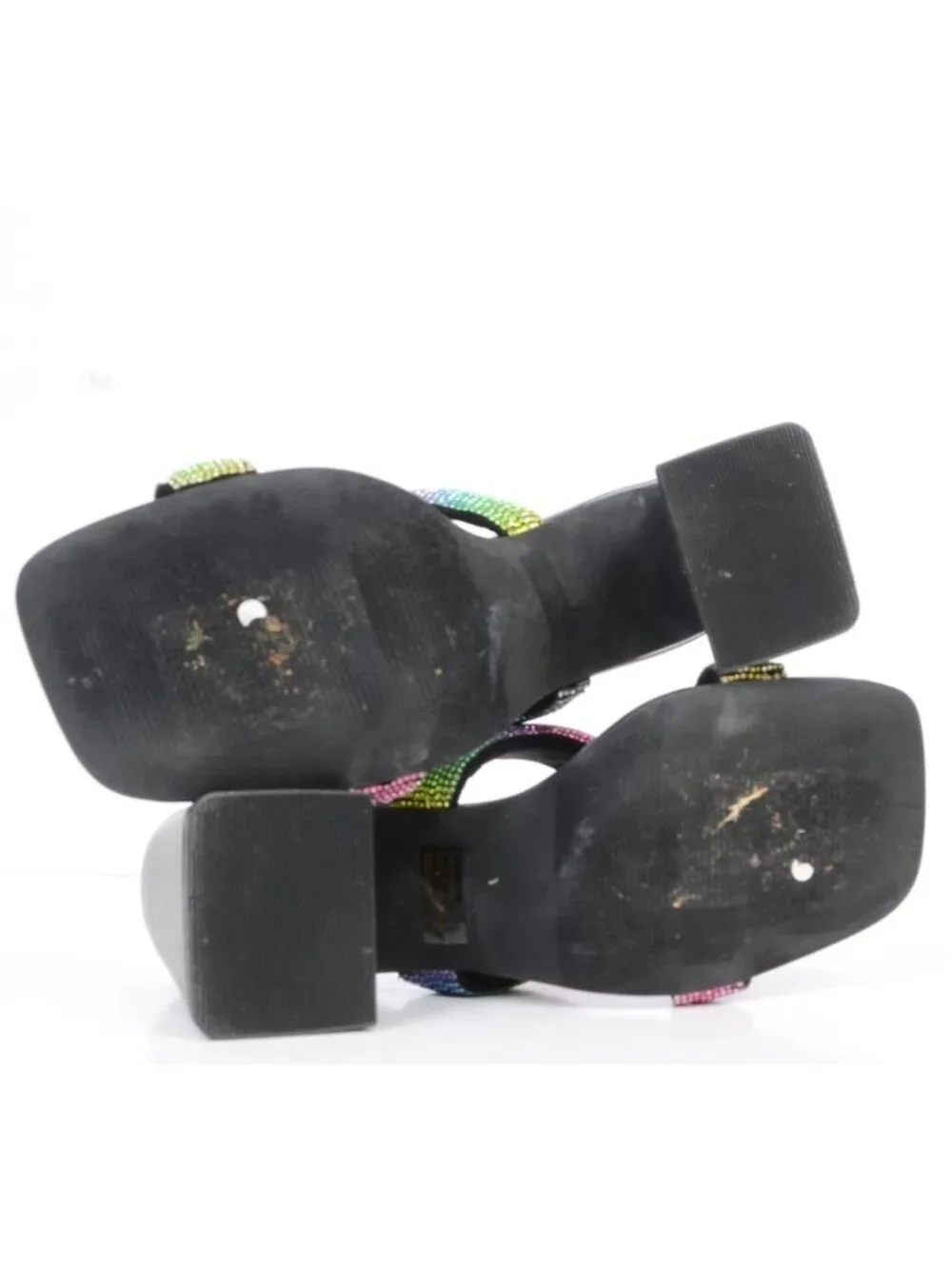 Open Edit Sasha Women‎ 9.5 Black Rainbow Rhinestone Sandal Chunky Flared Heels